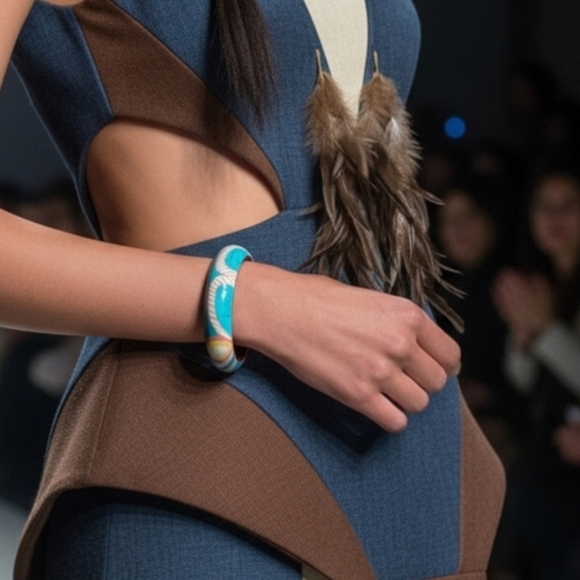 Native American Jewelry - Wooden Hand Painted Turquoise Color Hummingbird Bracelet Gordon White Reto